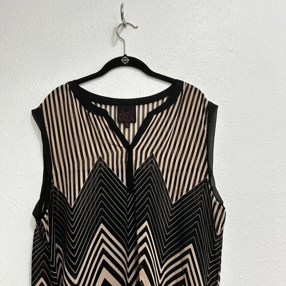 French Blue Sleeveless Tunic Top Chevron Striped Pleated Back Brown Beige Sz 1X - Picture 2 of 12